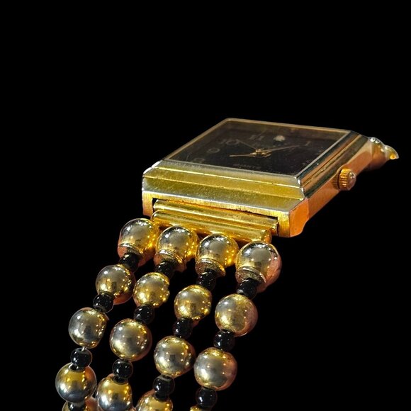VTG 90s JOAN RIVERS Gold Tone Beaded Watch Bracelet NEEDS BATTERY Classic‎ Black - Picture 4 of 11